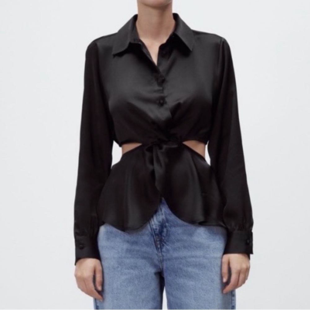 Zara Black Satin Tie-Front Long-Sleeve Blouse